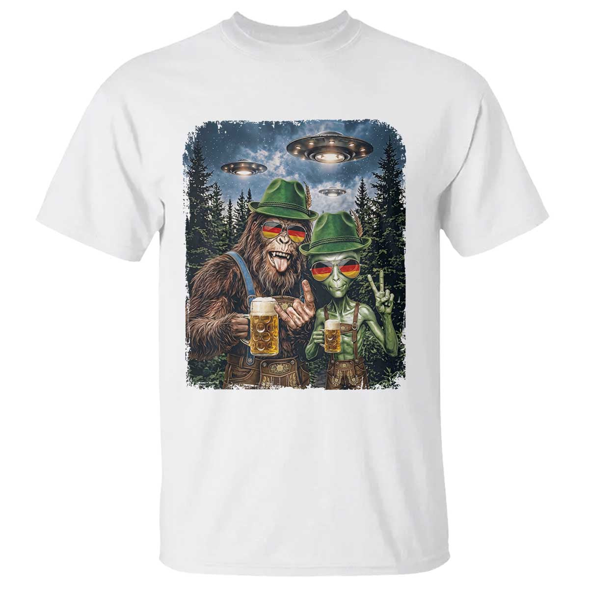 Funny Bigfoot Alien Oktoberfest T Shirt Selfie Beer Party German Lederhosen UFO Gift