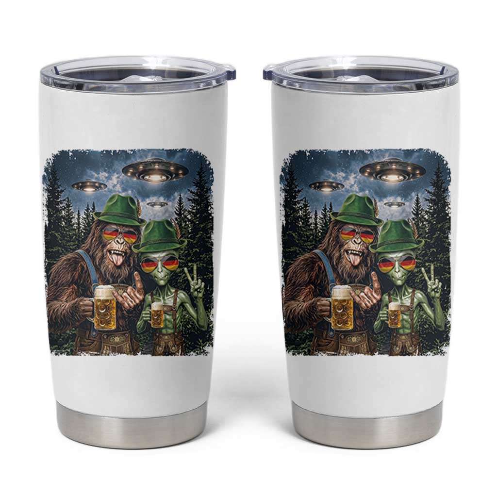 Funny Bigfoot Alien Oktoberfest Tumbler Cup Selfie Beer Party German Lederhosen UFO Gift