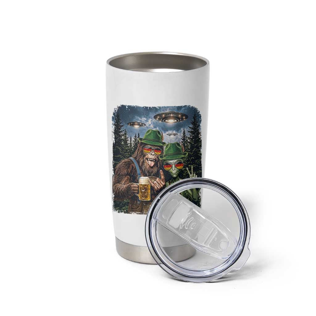 Funny Bigfoot Alien Oktoberfest Tumbler Cup Selfie Beer Party German Lederhosen UFO Gift
