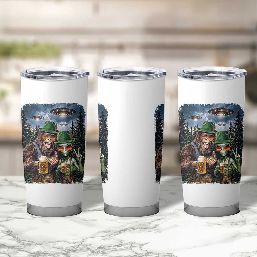 Funny Bigfoot Alien Oktoberfest Tumbler Cup Selfie Beer Party German Lederhosen UFO Gift