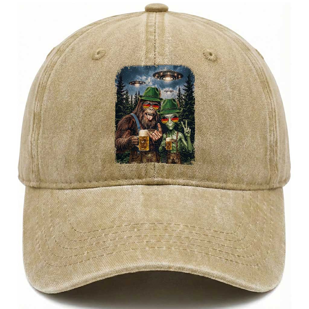 Funny Bigfoot Alien Oktoberfest Washed Cotton Baseball Cap Selfie Beer Party German Lederhosen UFO Gift