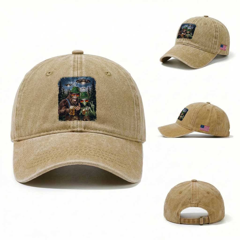 Funny Bigfoot Alien Oktoberfest Washed Cotton Baseball Cap Selfie Beer Party German Lederhosen UFO Gift