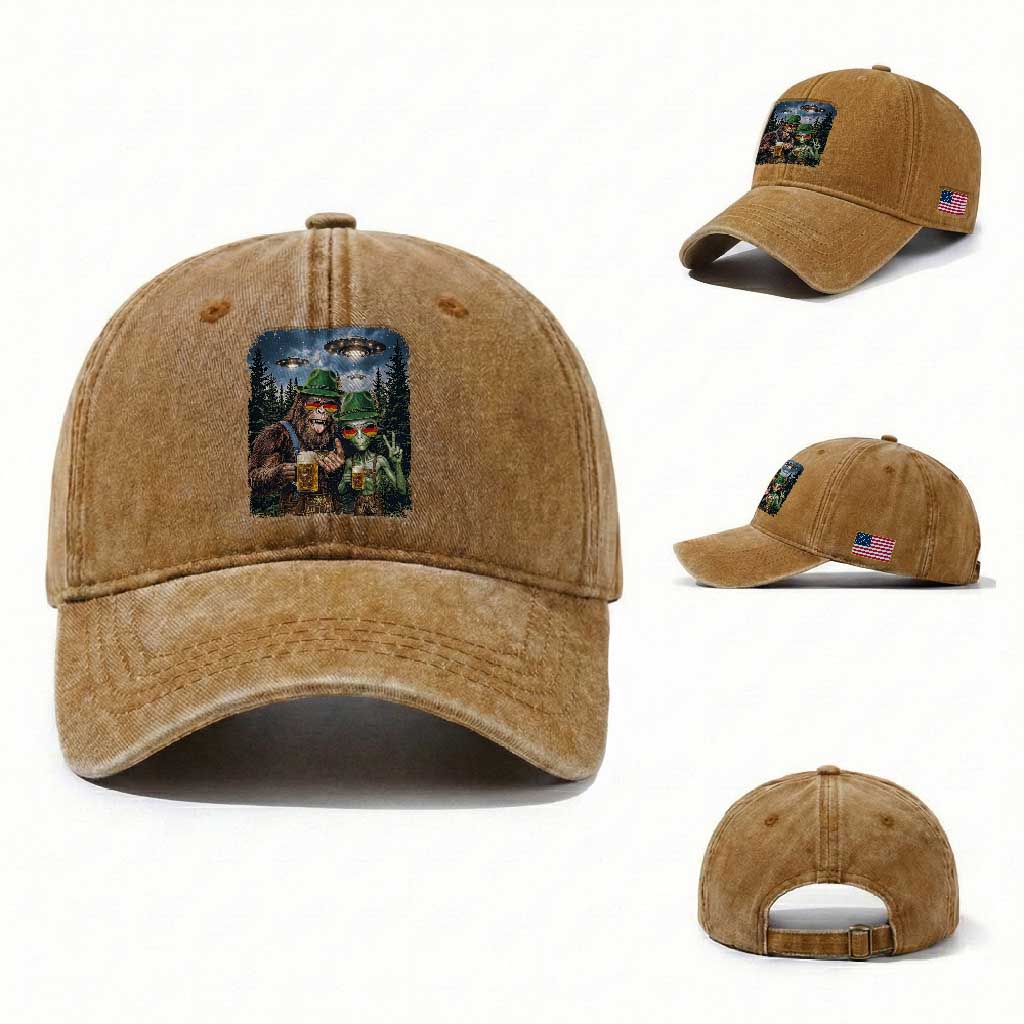 Funny Bigfoot Alien Oktoberfest Washed Cotton Baseball Cap Selfie Beer Party German Lederhosen UFO Gift