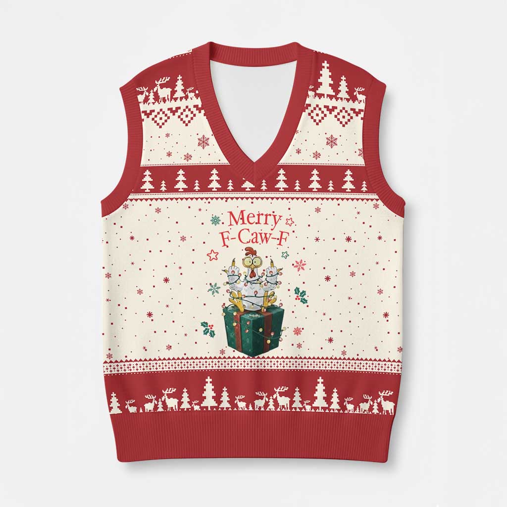 Merry F-Caw-F Chicken V-Neck Knit Sweater Vest Funny Xmas Gift - Wonder Print Shop