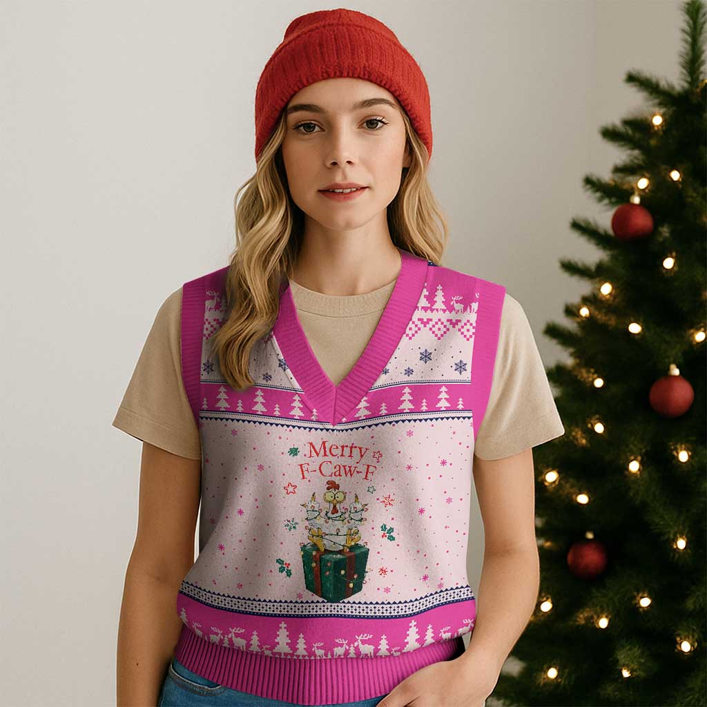 Merry F-Caw-F Chicken V-Neck Knit Sweater Vest Funny Xmas Gift - Wonder Print Shop