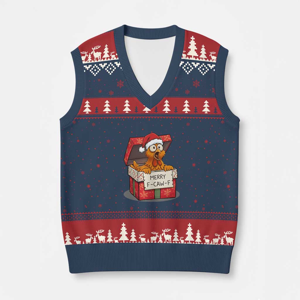 Merry F Caw F Santa Chicken V-Neck Knit Sweater Vest Funny Xmas Gift - Wonder Print Shop