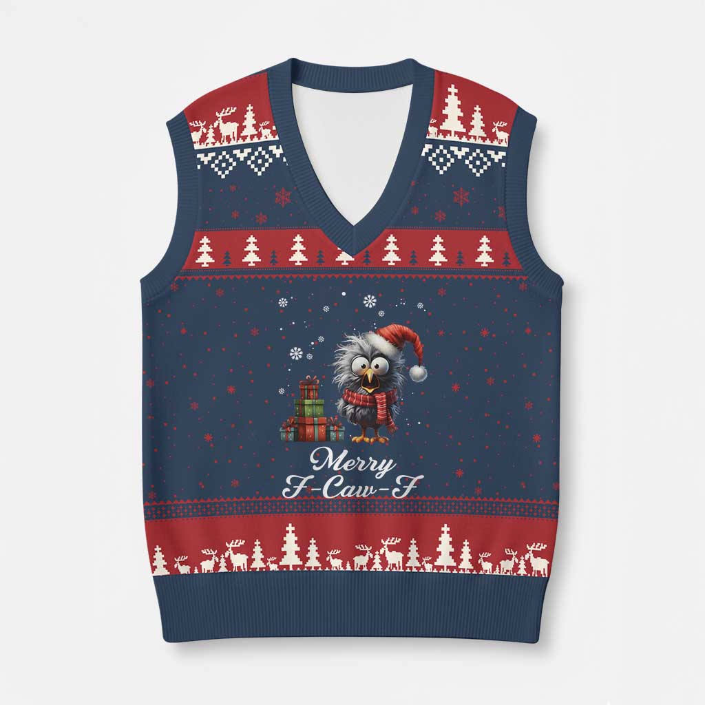 Merry F Caw F Raven Lover V-Neck Knit Sweater Vest Funny Xmas Gift - Wonder Print Shop