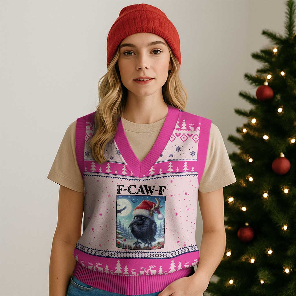 F Caw F Xmas Raven V-Neck Knit Sweater Vest Funny Bird Lover Gift - Wonder Print Shop
