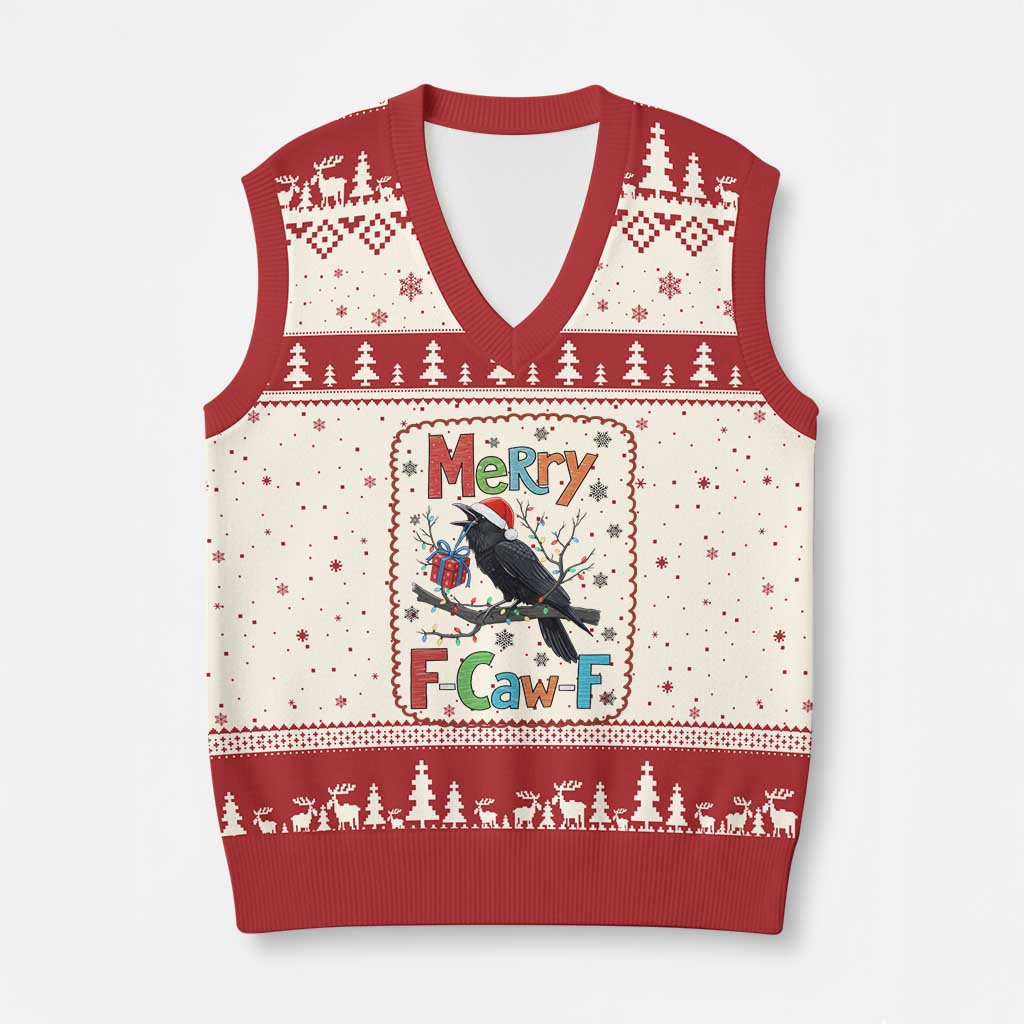 Funny Xmas Santa Raven V-Neck Knit Sweater Vest Merry F Caw F Joke Gift - Wonder Print Shop