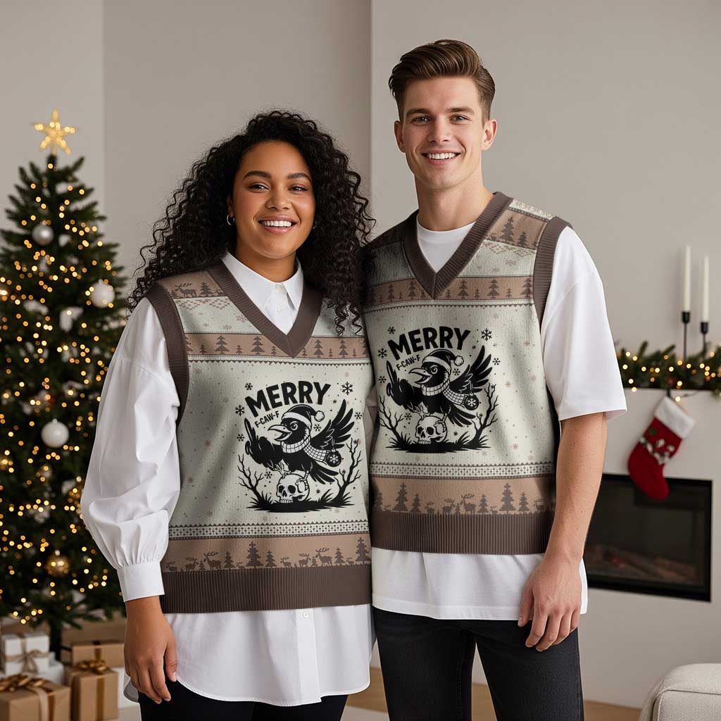 Merry F Caw F Xmas Raven V-Neck Knit Sweater Vest Funny Holiday Gift - Wonder Print Shop