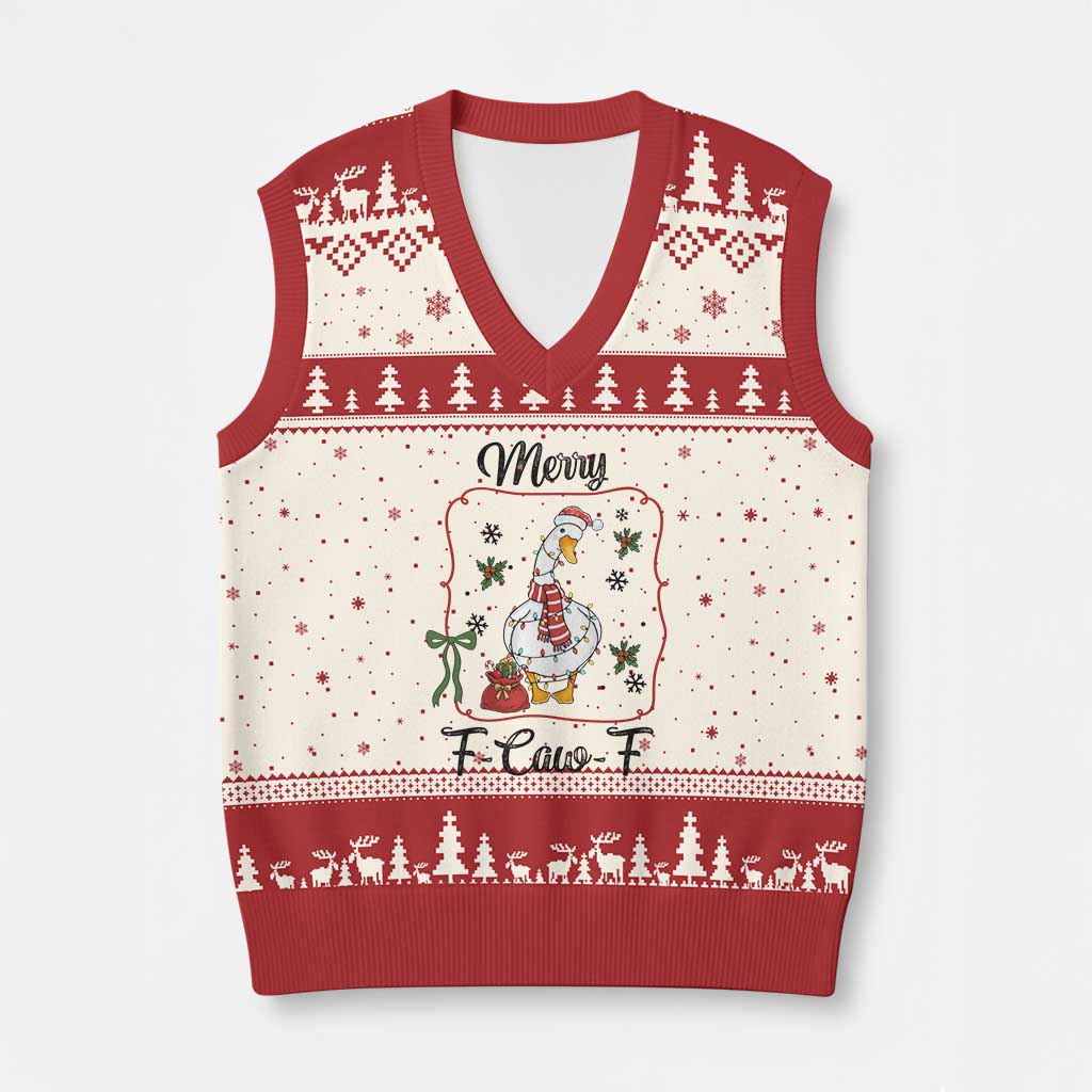 Merry F Caw F Duck Sarcastic Joke Gift V-Neck Knit Sweater Vest Funny Xmas Gift - Wonder Print Shop