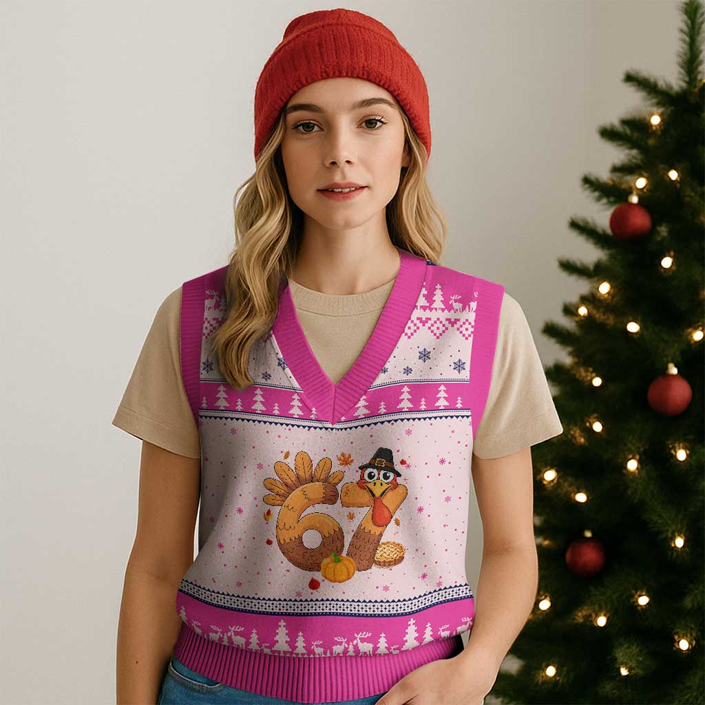 Funny Turkey Six And Seven Meme V-Neck Knit Sweater Vest Thanksgiving Gift - Wonder Print Shop