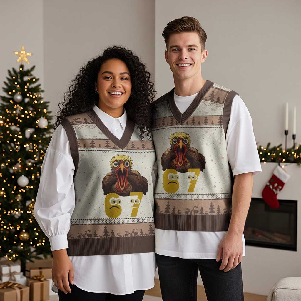 Six Seven Meme Turkey V-Neck Knit Sweater Vest Trending Gen Alpha Thanksgiving Gift - Wonder Print Shop