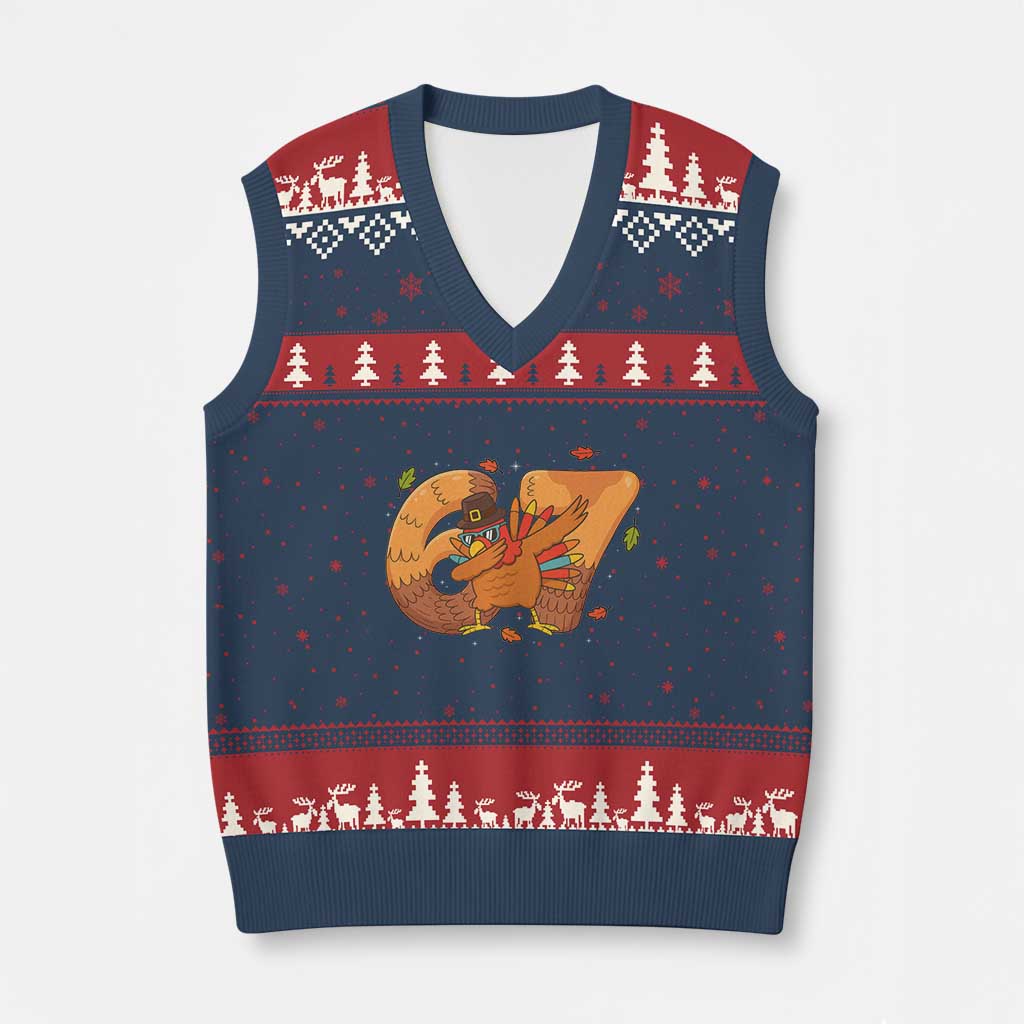 Thanksgiving Turkey Dabbing V-Neck Knit Sweater Vest Six Seven Meme Trending Gift - Wonder Print Shop