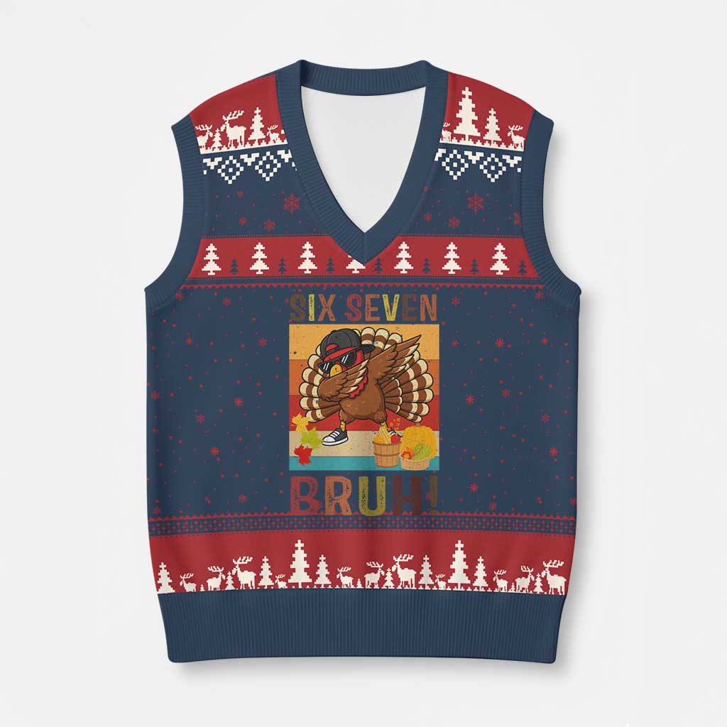 Six Seven Meme Turkey Dabbing V-Neck Knit Sweater Vest Funny Thanksgiving Gift - Wonder Print Shop