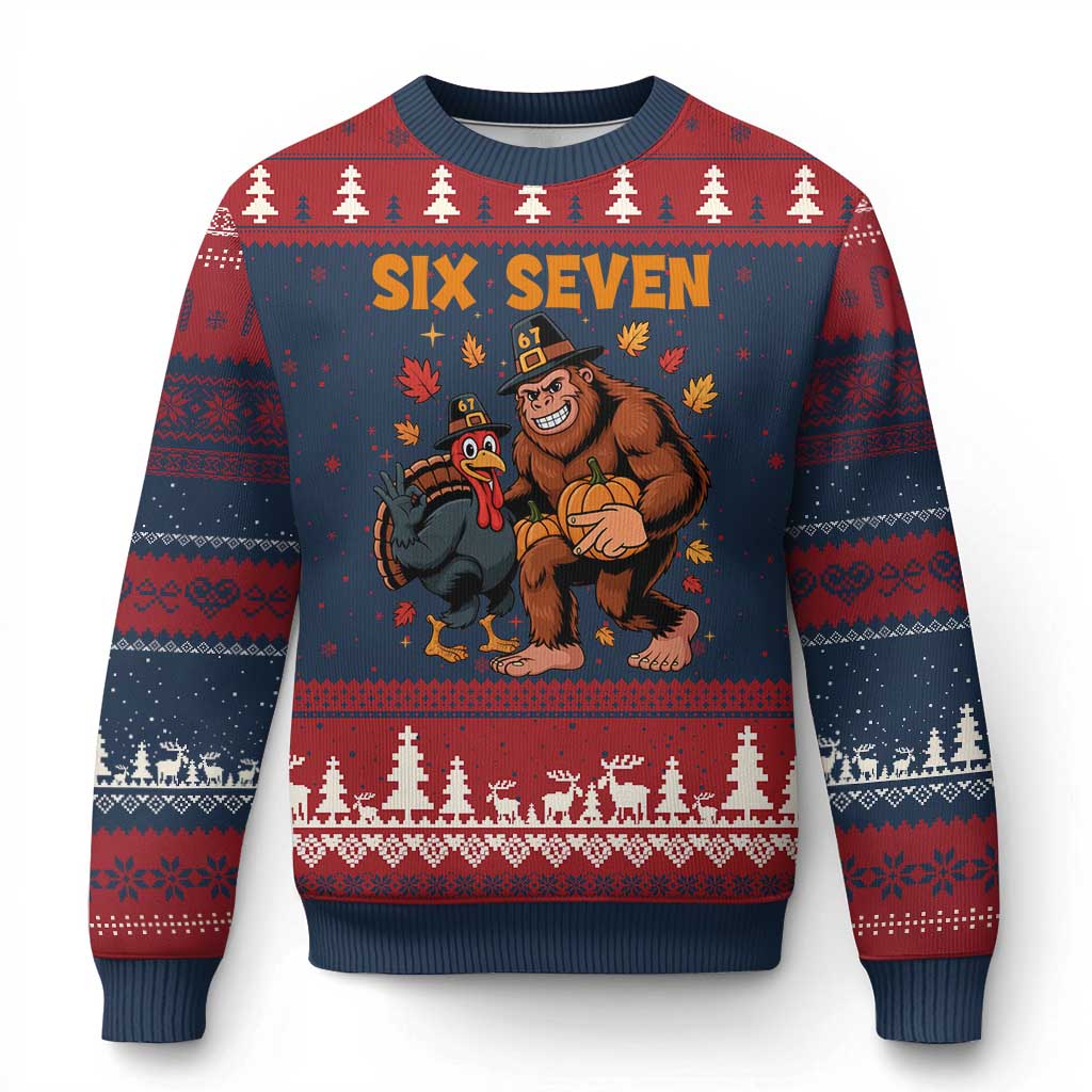 Six Seven Meme Bigfoot And Turkey Ugly Christmas Sweater Funny Thanksgiving Gift - Wonder Print Shop