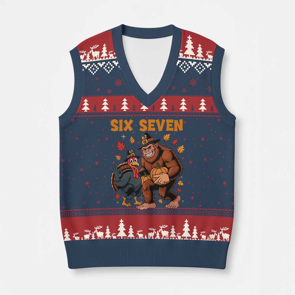 Six Seven Meme Bigfoot And Turkey V-Neck Knit Sweater Vest Funny Thanksgiving Gift - Wonder Print Shop