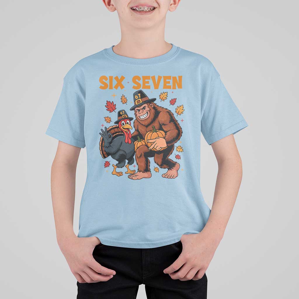 Six Seven Meme Bigfoot And Turkey T Shirt For Kid Funny Thanksgiving Gift - Wonder Print Shop