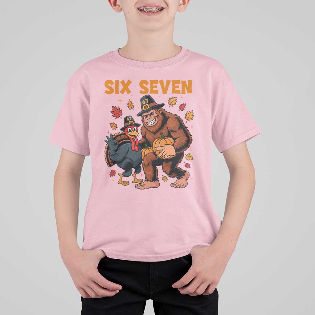 Six Seven Meme Bigfoot And Turkey T Shirt For Kid Funny Thanksgiving Gift - Wonder Print Shop