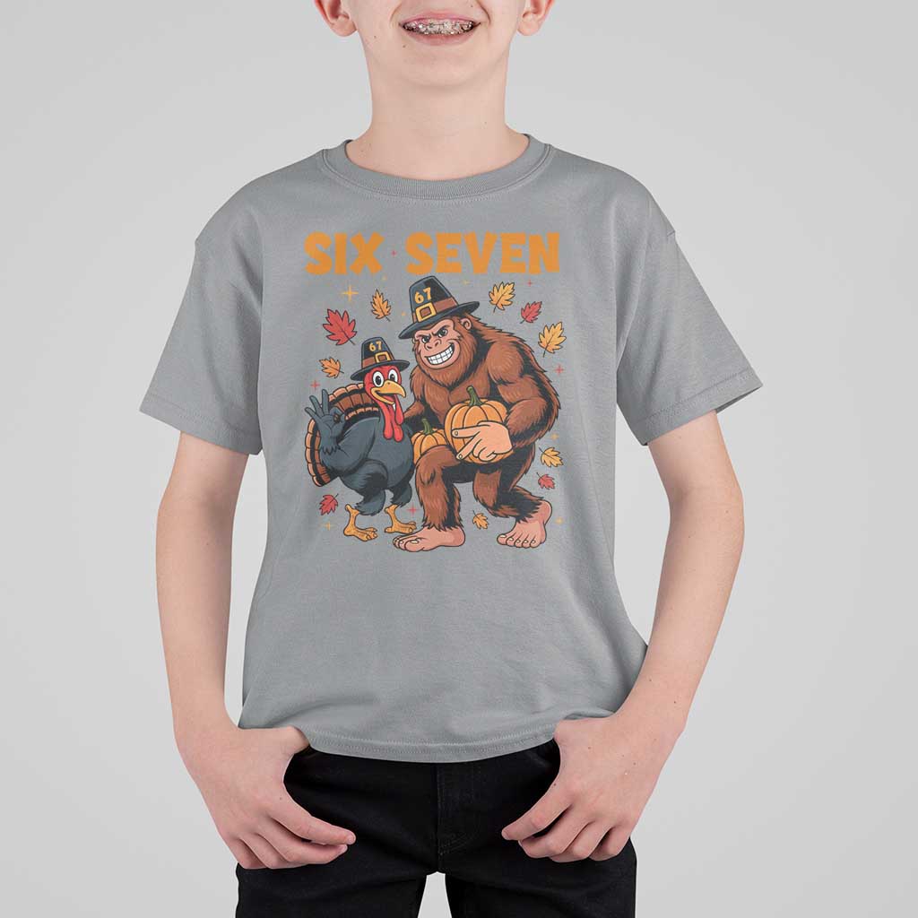 Six Seven Meme Bigfoot And Turkey T Shirt For Kid Funny Thanksgiving Gift - Wonder Print Shop