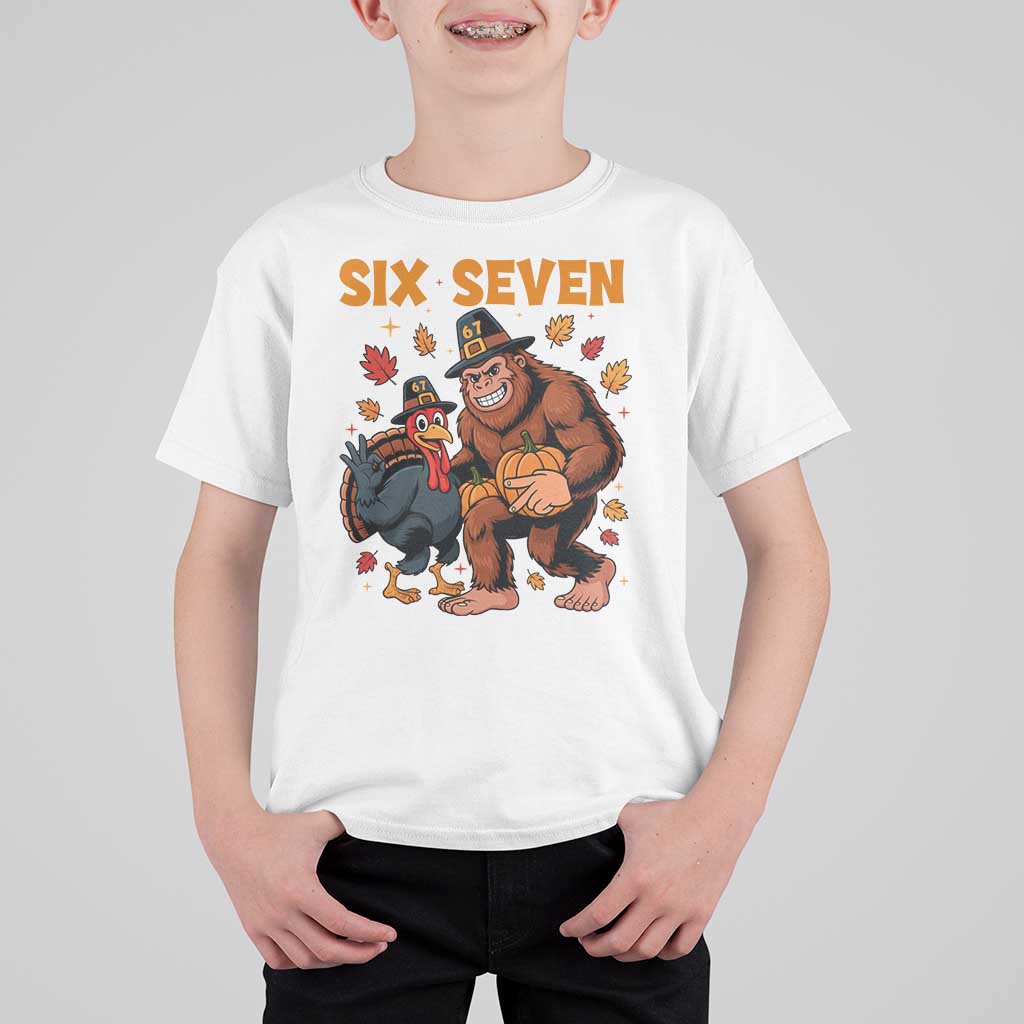Six Seven Meme Bigfoot And Turkey T Shirt For Kid Funny Thanksgiving Gift - Wonder Print Shop