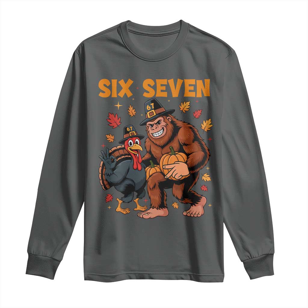 Six Seven Meme Bigfoot And Turkey Long Sleeve Shirt Funny Thanksgiving Gift - Wonder Print Shop