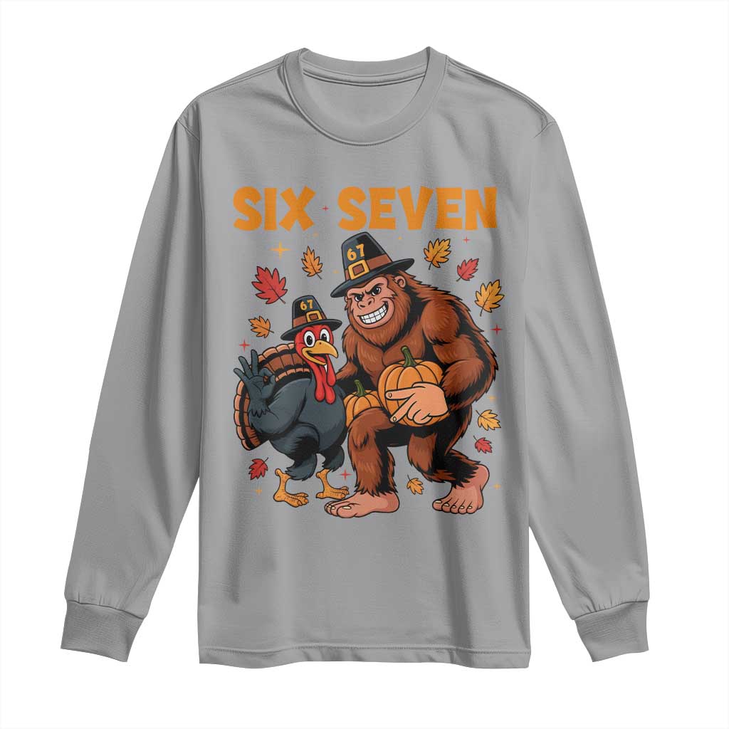 Six Seven Meme Bigfoot And Turkey Long Sleeve Shirt Funny Thanksgiving Gift - Wonder Print Shop
