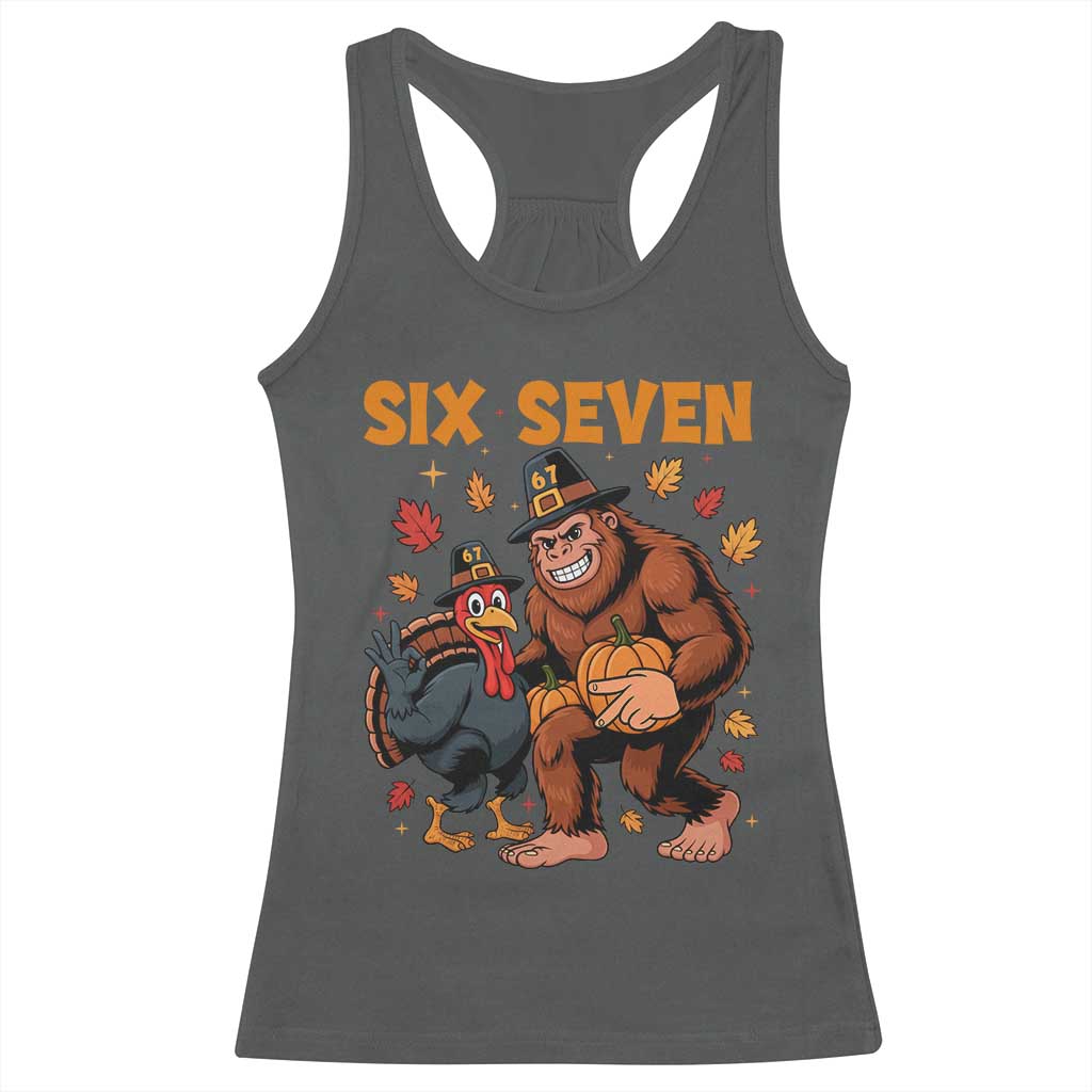 Six Seven Meme Bigfoot And Turkey Racerback Tank Top Funny Thanksgiving Gift - Wonder Print Shop