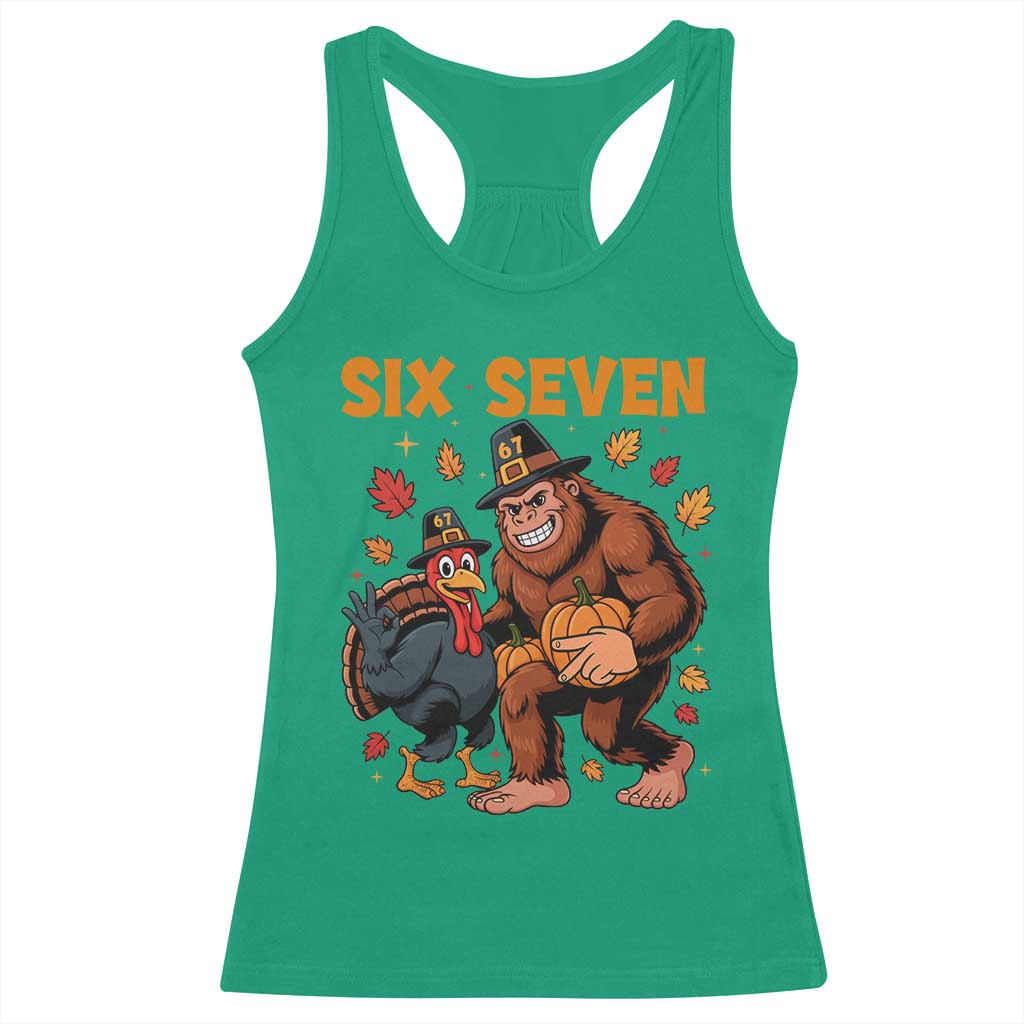 Six Seven Meme Bigfoot And Turkey Racerback Tank Top Funny Thanksgiving Gift - Wonder Print Shop