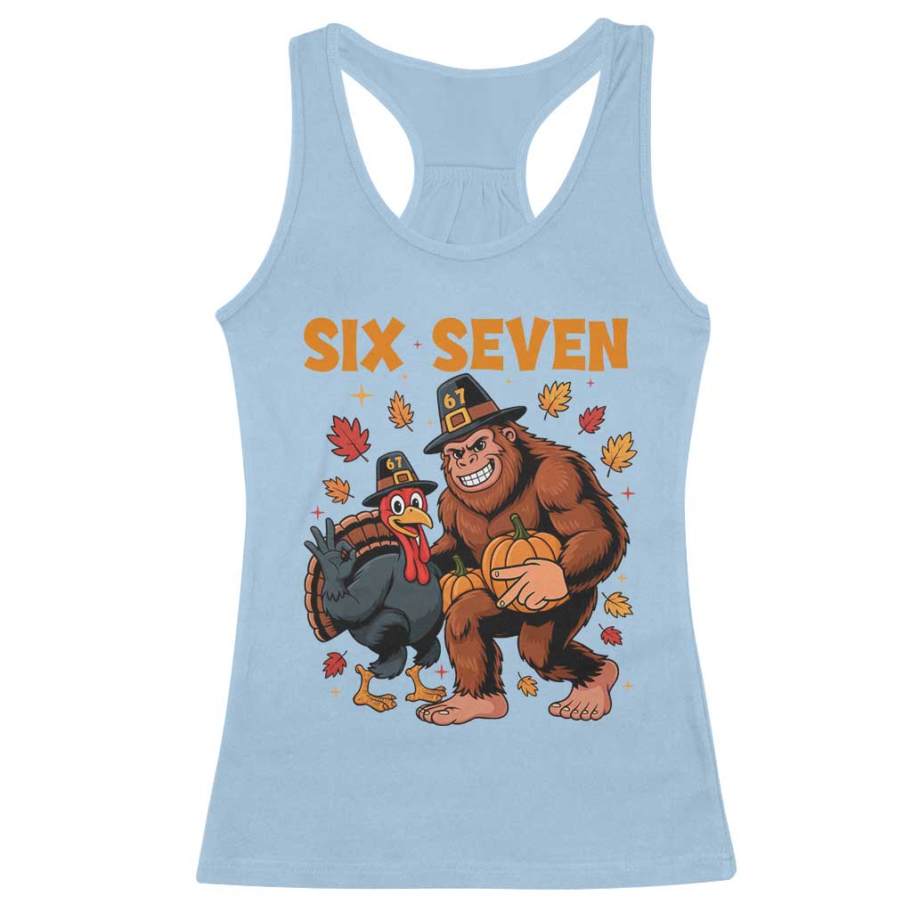 Six Seven Meme Bigfoot And Turkey Racerback Tank Top Funny Thanksgiving Gift - Wonder Print Shop