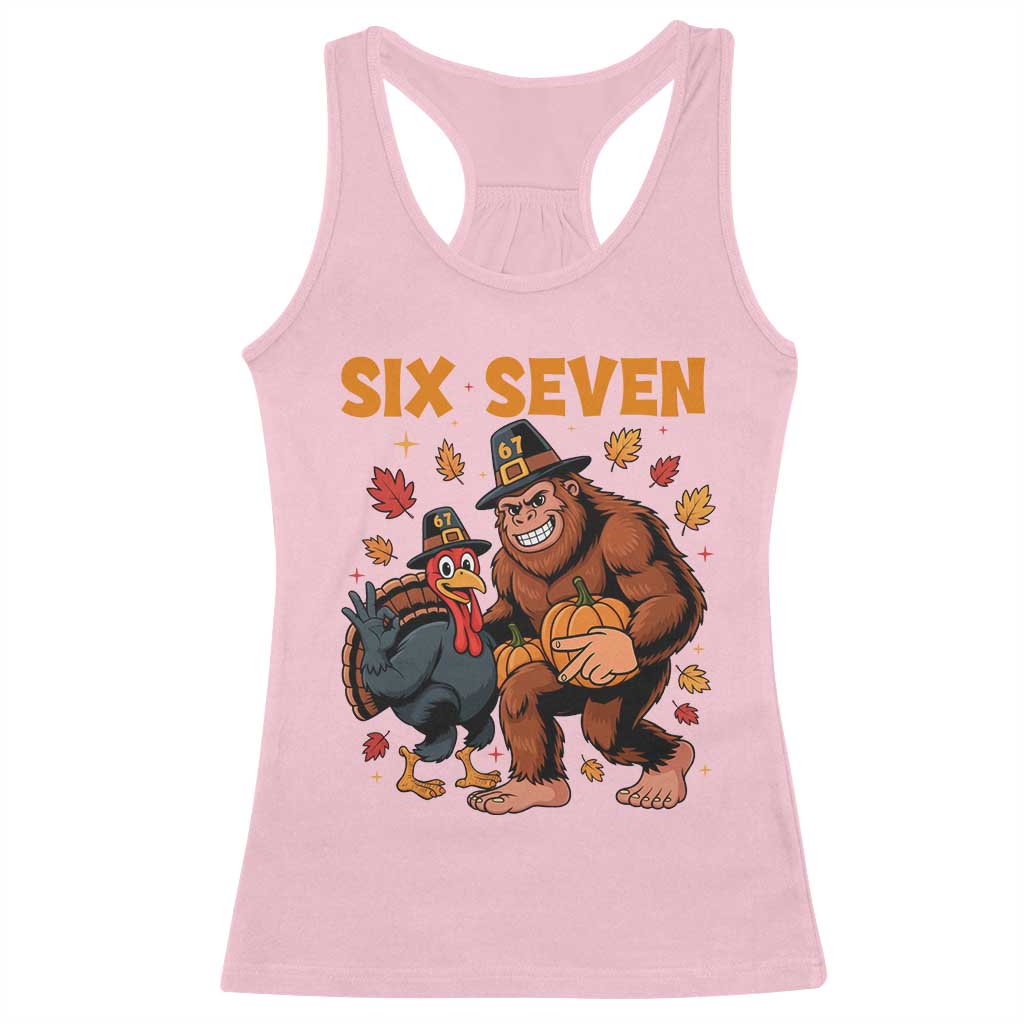 Six Seven Meme Bigfoot And Turkey Racerback Tank Top Funny Thanksgiving Gift - Wonder Print Shop