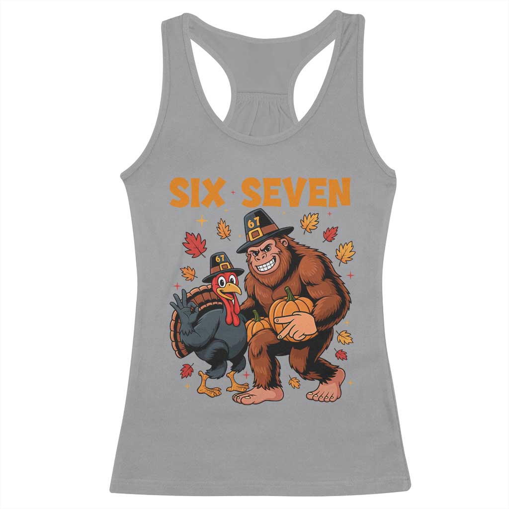 Six Seven Meme Bigfoot And Turkey Racerback Tank Top Funny Thanksgiving Gift - Wonder Print Shop