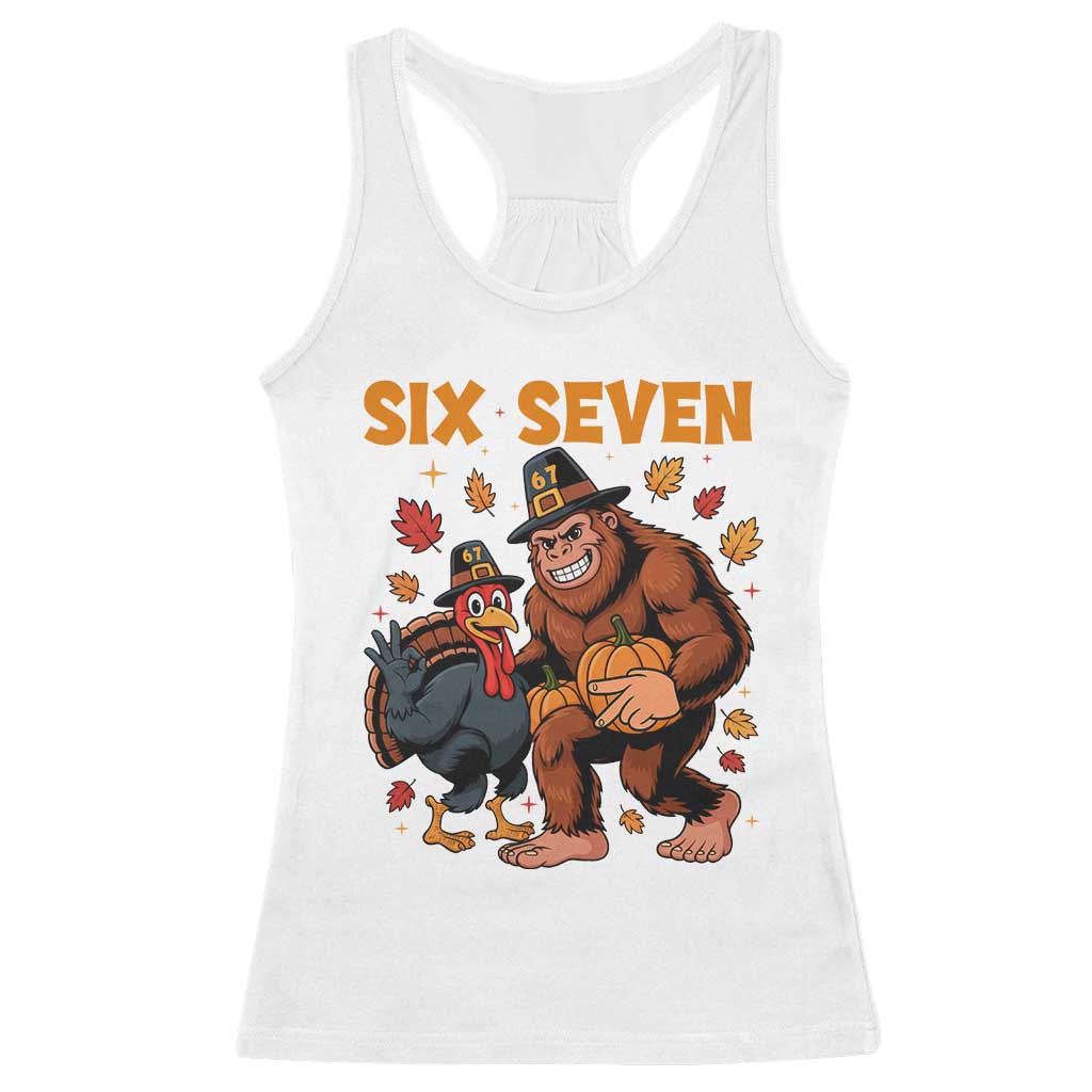 Six Seven Meme Bigfoot And Turkey Racerback Tank Top Funny Thanksgiving Gift - Wonder Print Shop