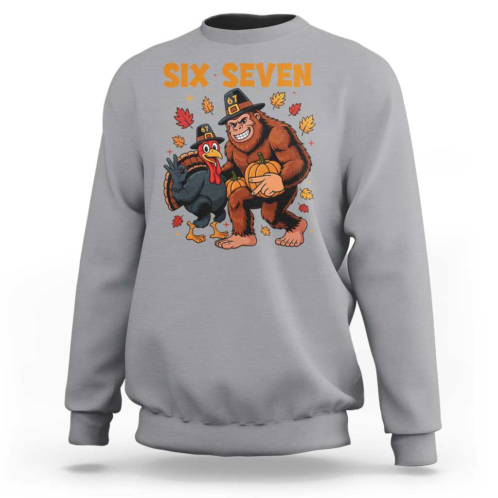 Six Seven Meme Bigfoot And Turkey Sweatshirt Funny Thanksgiving Gift - Wonder Print Shop