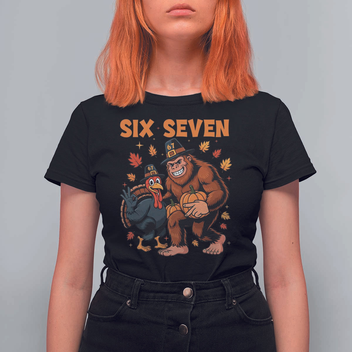 Six Seven Meme Bigfoot And Turkey T Shirt For Women Funny Thanksgiving Gift - Wonder Print Shop