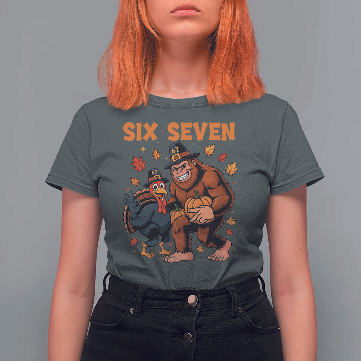 Six Seven Meme Bigfoot And Turkey T Shirt For Women Funny Thanksgiving Gift - Wonder Print Shop