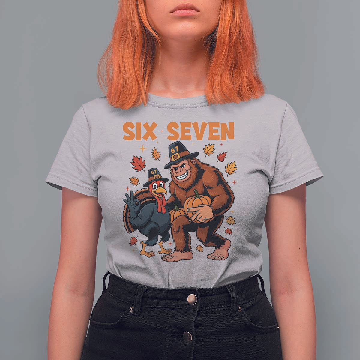 Six Seven Meme Bigfoot And Turkey T Shirt For Women Funny Thanksgiving Gift - Wonder Print Shop