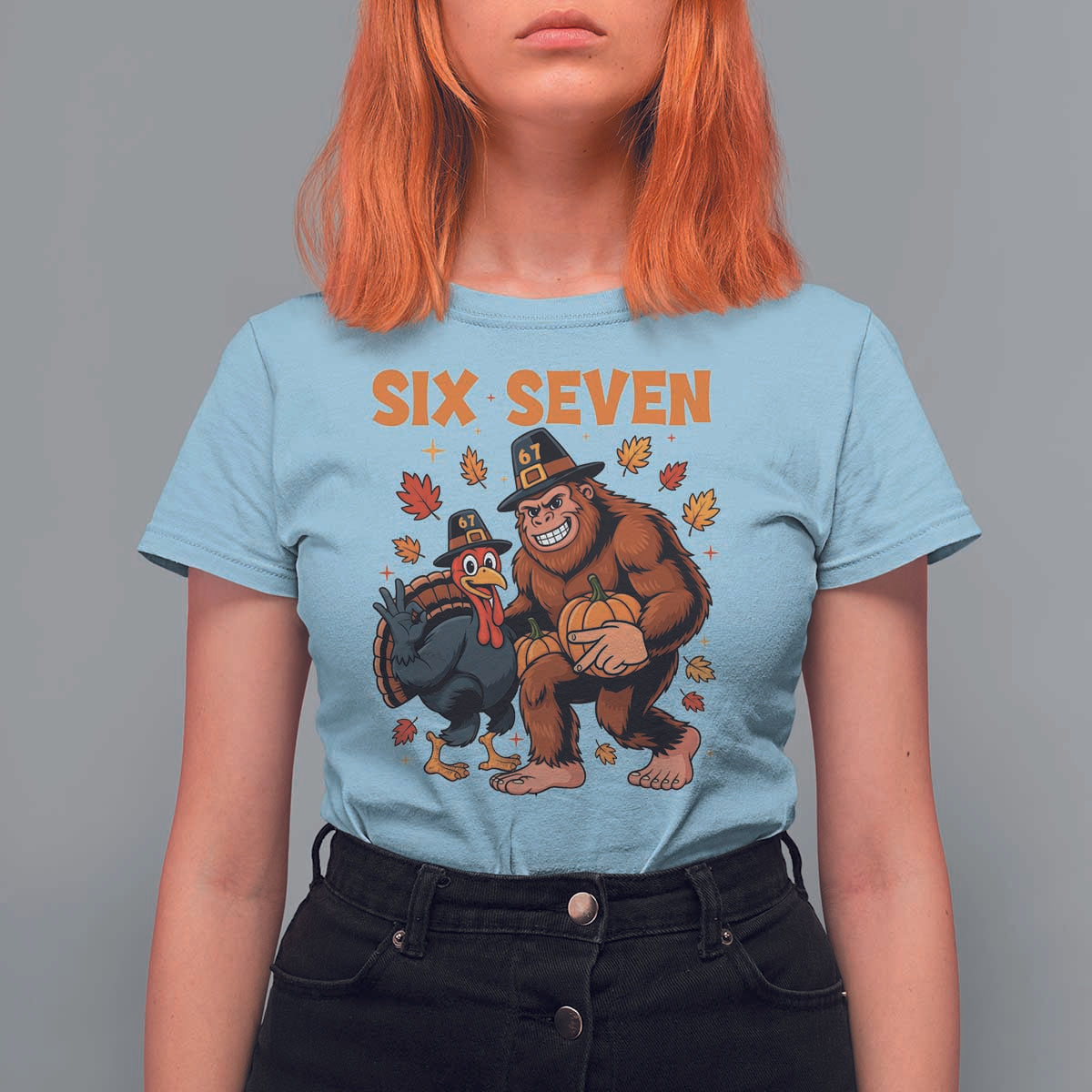 Six Seven Meme Bigfoot And Turkey T Shirt For Women Funny Thanksgiving Gift - Wonder Print Shop