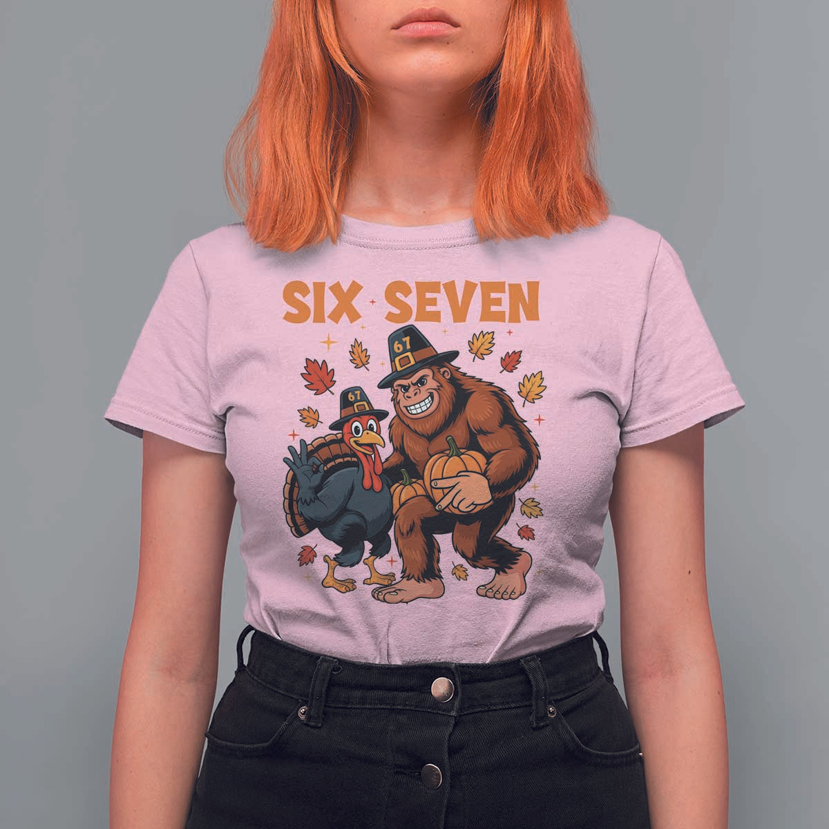 Six Seven Meme Bigfoot And Turkey T Shirt For Women Funny Thanksgiving Gift - Wonder Print Shop
