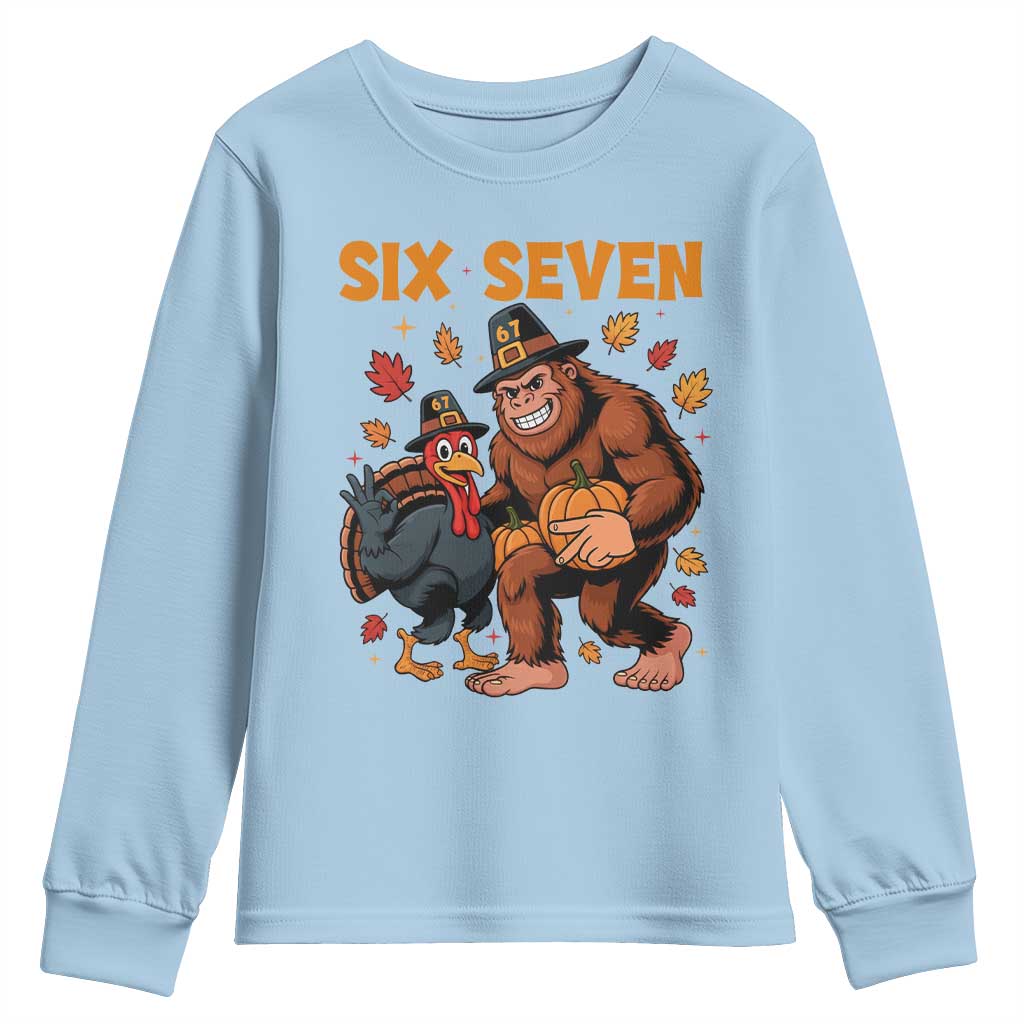 Six Seven Meme Bigfoot And Turkey Youth Sweatshirt Funny Thanksgiving Gift - Wonder Print Shop