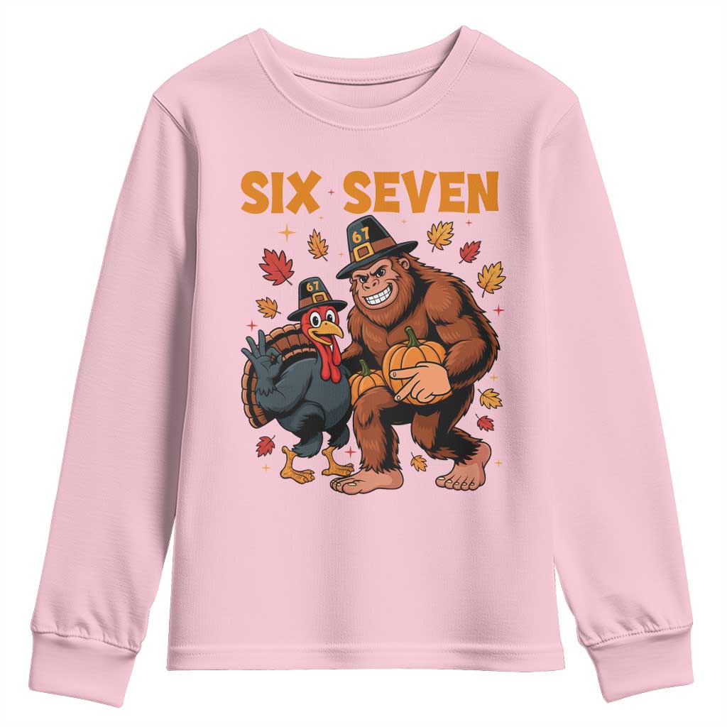 Six Seven Meme Bigfoot And Turkey Youth Sweatshirt Funny Thanksgiving Gift - Wonder Print Shop