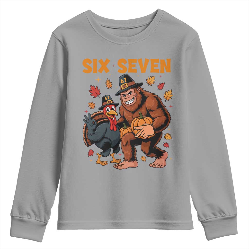 Six Seven Meme Bigfoot And Turkey Youth Sweatshirt Funny Thanksgiving Gift - Wonder Print Shop