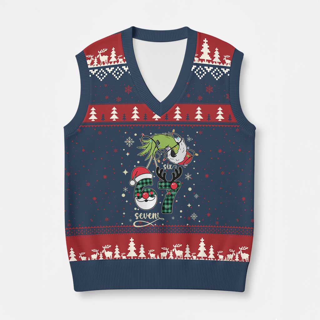 Funny Green Hand Six Seven Meme V-Neck Knit Sweater Vest Gen Z Alpha Xmas Gift - Wonder Print Shop