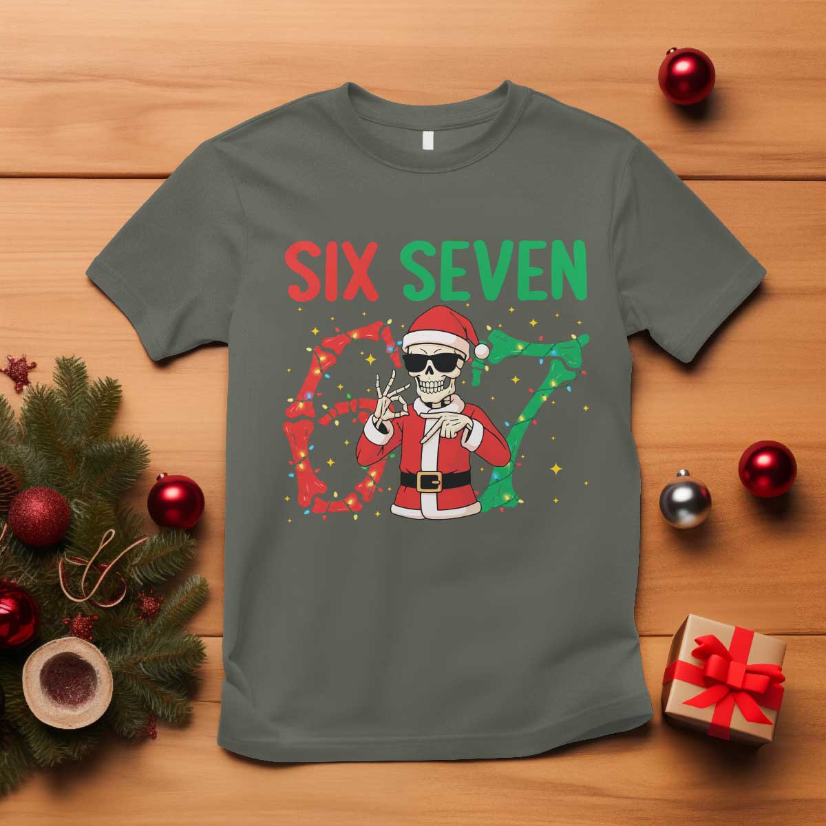 Funny Santa Skeleton Says Six Seven T Shirt Christmas Meme Gift - Wonder Print Shop
