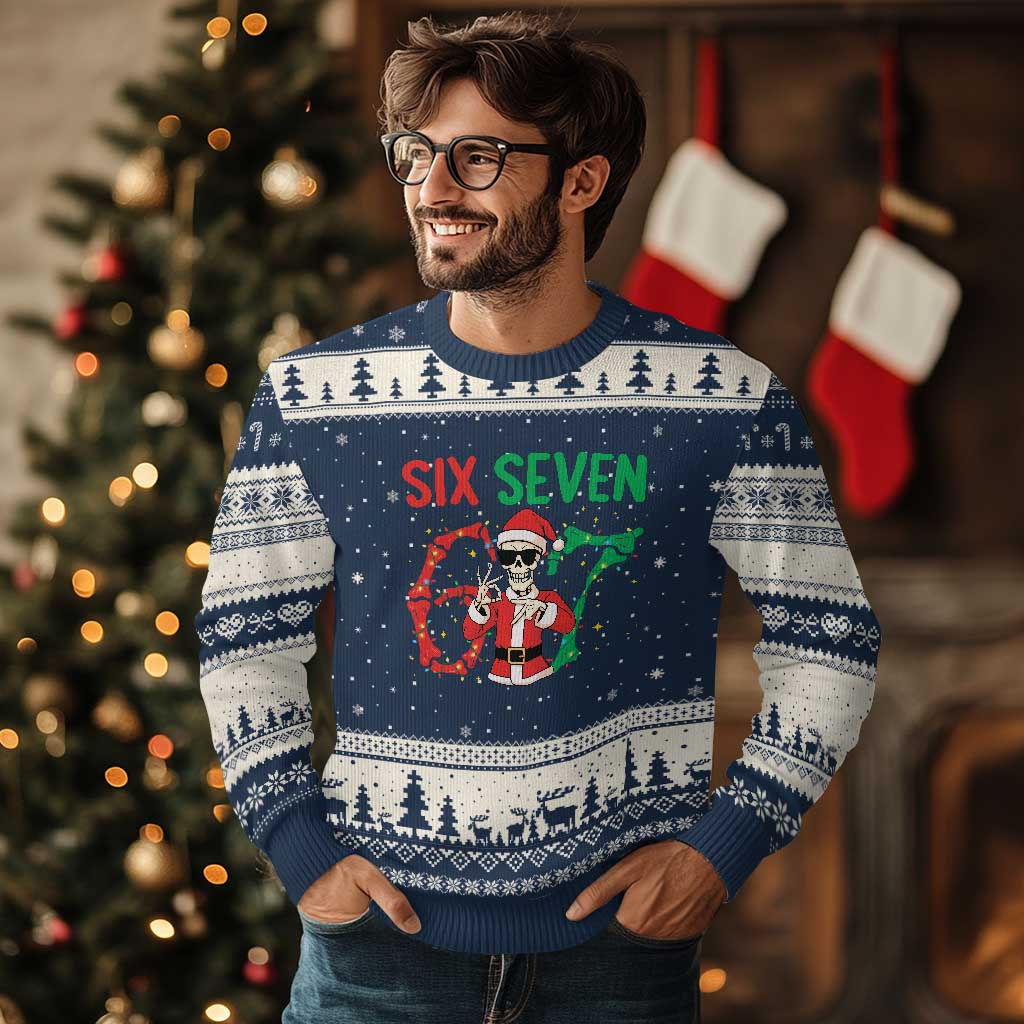 Funny Santa Skeleton Says Six Seven Ugly Christmas Sweater Xmas Meme Gift - Wonder Print Shop