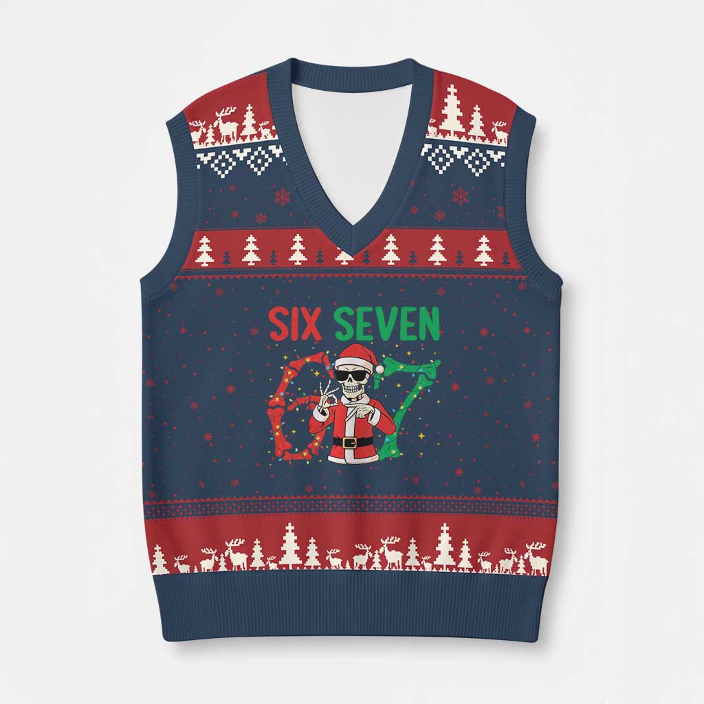 Funny Santa Skeleton Says Six Seven V-Neck Knit Sweater Vest Xmas Meme Gift - Wonder Print Shop