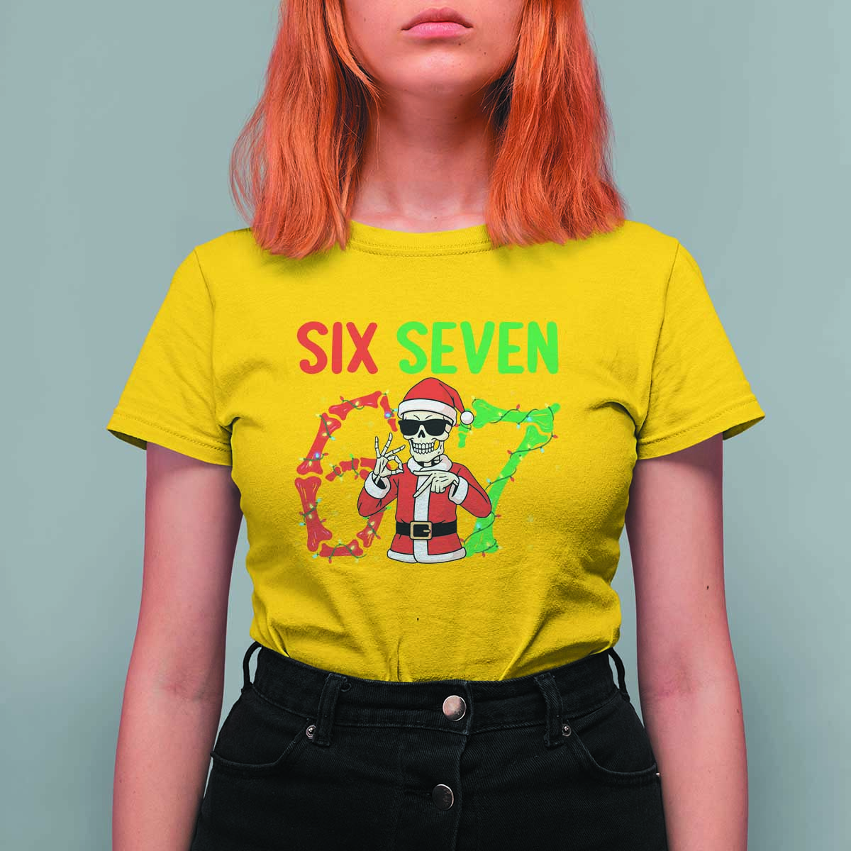 Funny Santa Skeleton Says Six Seven T Shirt For Women Christmas Meme Gift - Wonder Print Shop