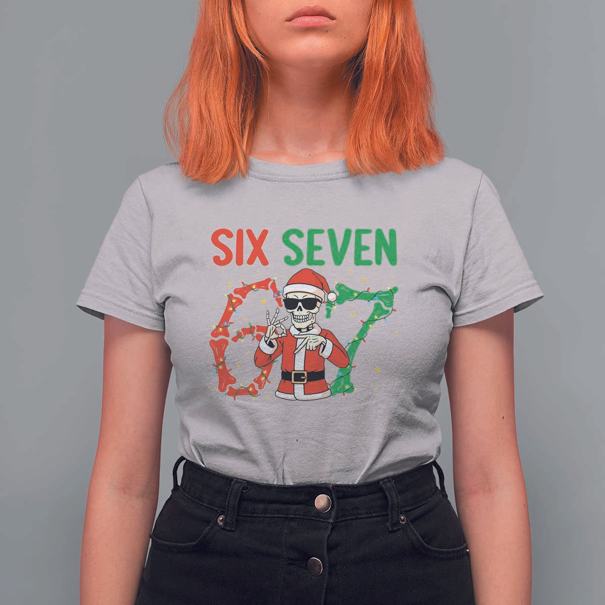 Funny Santa Skeleton Says Six Seven T Shirt For Women Christmas Meme Gift - Wonder Print Shop