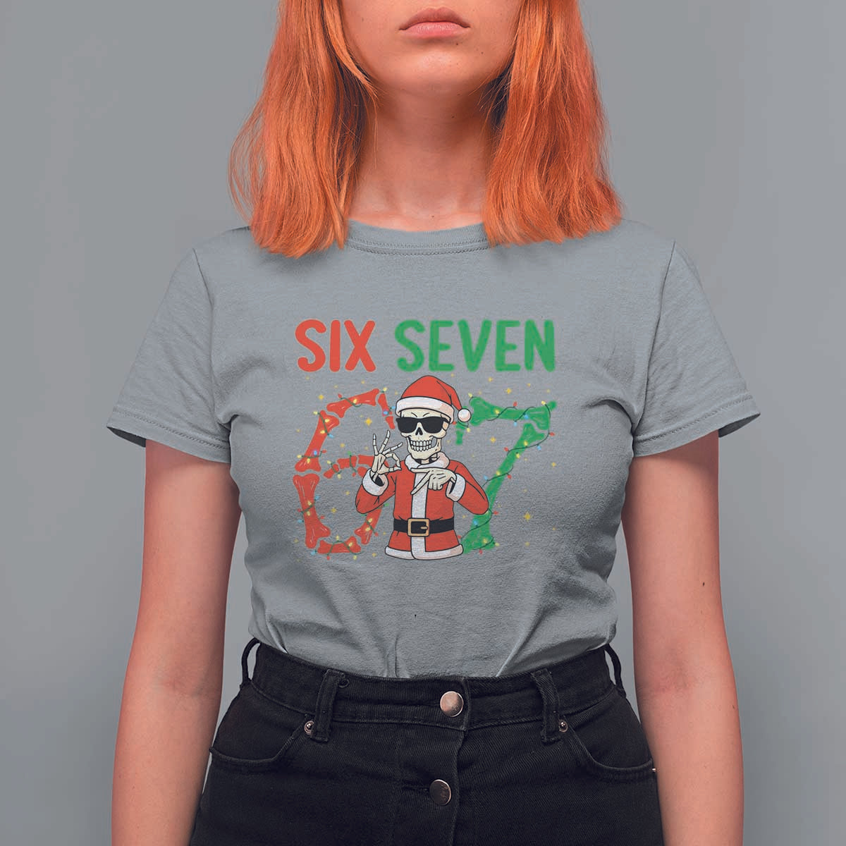 Funny Santa Skeleton Says Six Seven T Shirt For Women Christmas Meme Gift - Wonder Print Shop