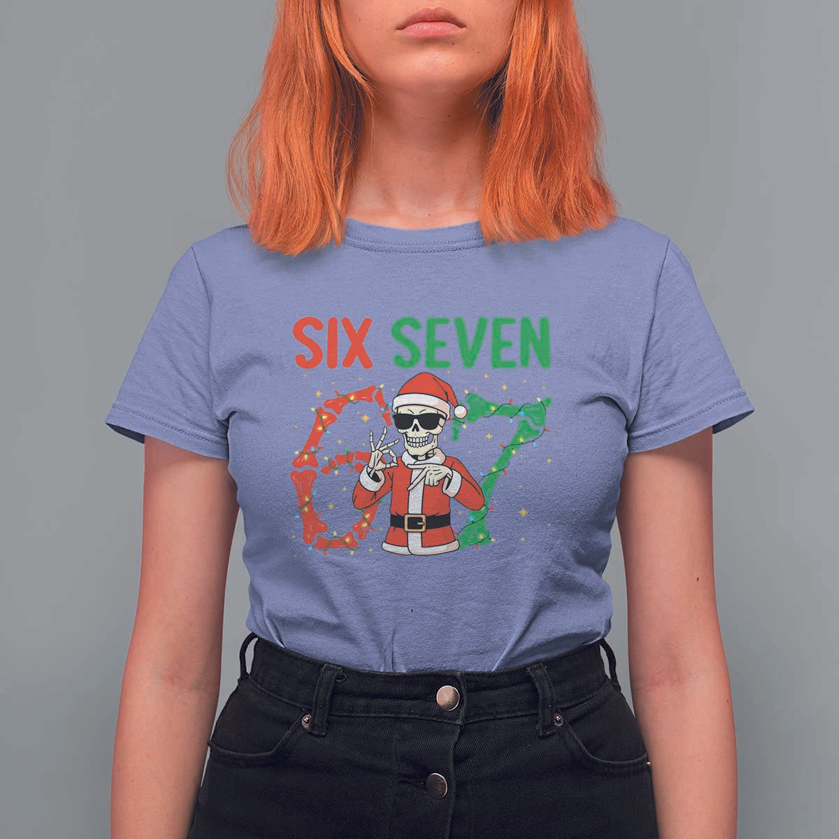 Funny Santa Skeleton Says Six Seven T Shirt For Women Christmas Meme Gift - Wonder Print Shop